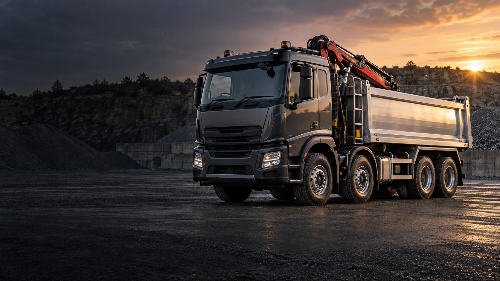 Illustrative image of a graphite grab wagon with a folded loading crane at a quarry